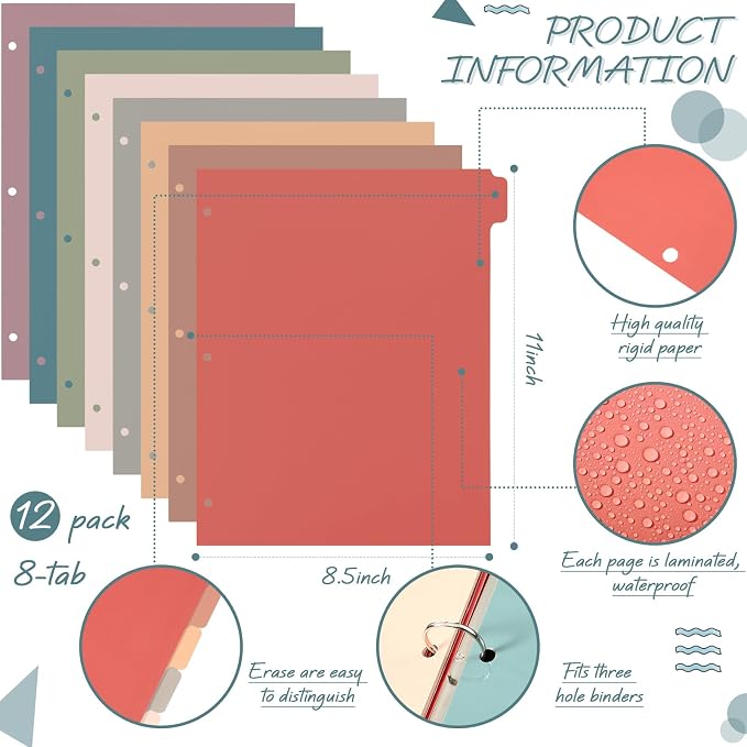 Honoson 12 Sets 8 Tab Dividers for 3 Ring Binders Plastic File 8.5 x 11 Inch - Image 2