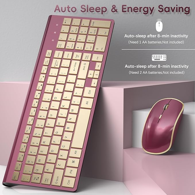 JOYACCESS Wireless Keyboard and Mouse, 2.4g Slim and Ergonomic Wireless Keyboard Mouse Combo- Full Size and Portable Design for Laptop/Windows/Computer-Wine Red Gold-DeskLoop Office