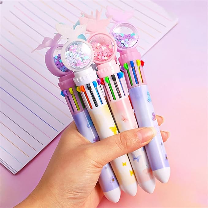 4pcs Set Multi-Color Shuttle Pens 10-In-1 Retractable Ballpoint Pen 0.5mm, Butterfly Design, Home Office School Supplies for Students Kids (4pcs Random Color)-DeskLoop Office