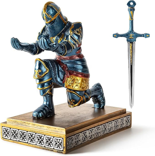 MACLARONX Kneeling Knight Pen Holder with Sword Medieval Warrior Fancy Pencil Stand for Office Desk Home Decor for Men Father Husband Armor Soldier Statue-DeskLoop Office