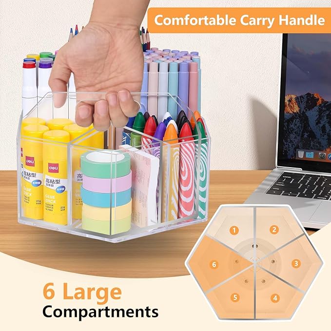 Pen Holder for Desk Acrylic, Large 6 Slots 360-Degree Rotating Marker Organizer Pencil Holder, Caddy Art Supply Organizer Crayon Organizers for Office School-DeskLoop Office
