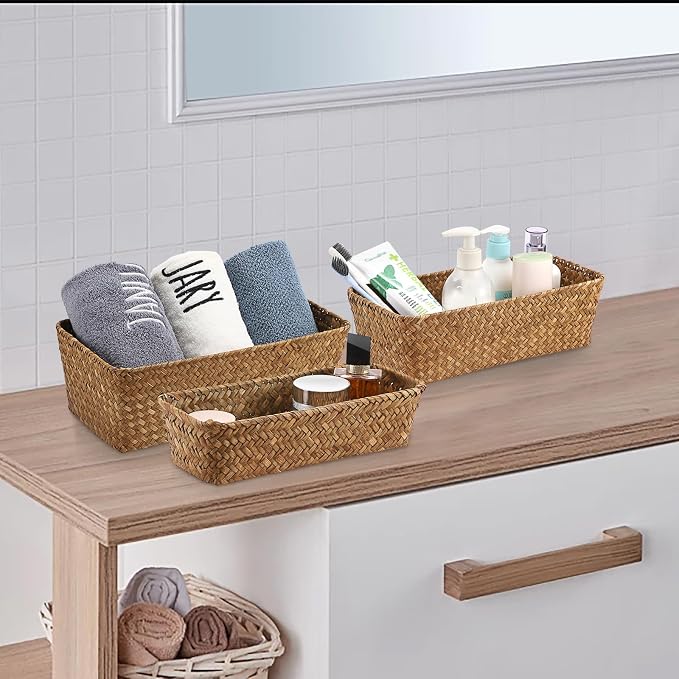3 Natural Wicker Basket Set Rectangular Handwoven Seagrass Basket Storage Bins - Image 3