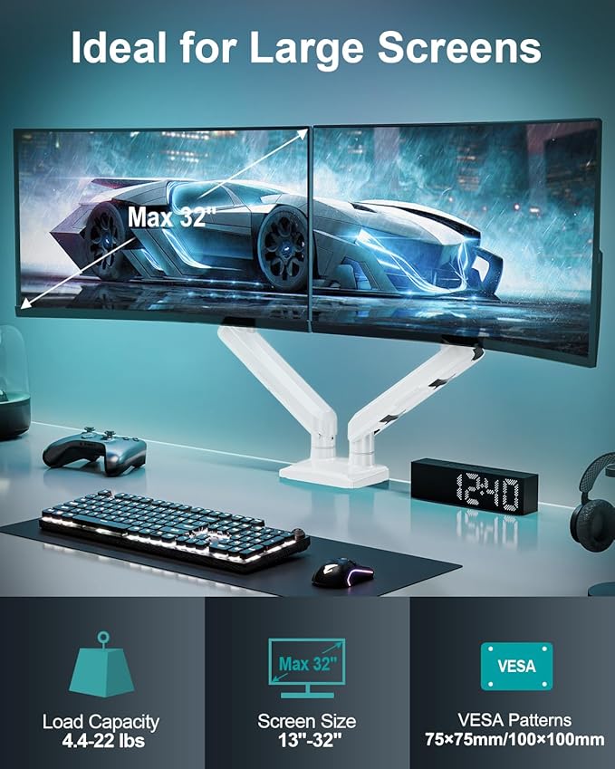 Dual Monitor Mount for 2 Monitors up to 32 inches, Height Adjustable Gas Spring Double Monitor Stand, Two Display Desk Mount Holder, Each Monitor Arm Holds Max 22lbs, VESA Mount, White, Freelift Pro-DeskLoop Office