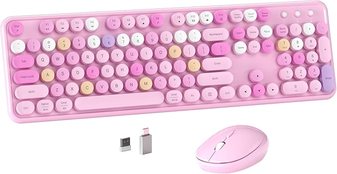 Colorful Wireless Computer Keyboard and Mouse Combo with Round Typewriter Keycaps, Retro Design, Power Switch, Ergonomic Design, 2.4GHz Wireless for Windows, Mac, PC(Pink-Colorful)-DeskLoop Office