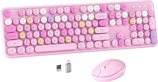 Colorful Wireless Computer Keyboard and Mouse Combo with Round Typewriter Keycaps, Retro Design, Power Switch, Ergonomic Design, 2.4GHz Wireless for Windows, Mac, PC(Pink-Colorful)-DeskLoop Office