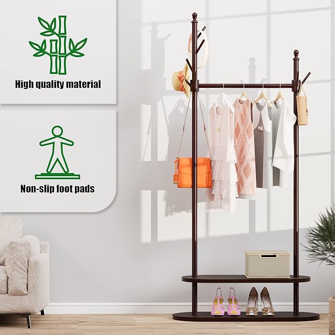 2-Tier Coat Rack Freestanding, Easy Assemble 8 Hooks Wooden Coat Rack with Shoe Storage Sturdy Coat Tree Save Space, Rustic Coat Stand for Entryway, Bedroom, Office (Dark Brown)-DeskLoop Office