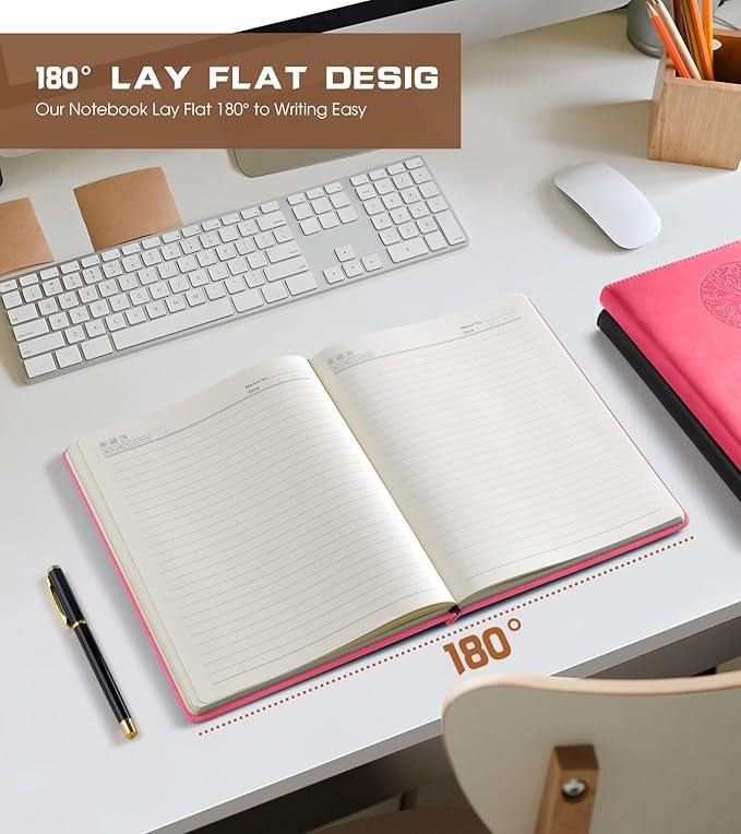 Lined Journal Notebook for Women Men,256 Pages A4 Large Hardcover Leather Journals for Writing,Travel,Business,Work,School,College Ruled Notebooks for Note Taking,Diary Notepad 8.6"×11" (pink)-DeskLoop Office