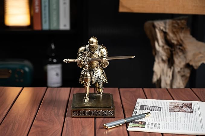 Medieval Armored Warrior Knight Pen Holder Desk Organizers and Accessories Resin Pencil Holder Paperweight as Gift with a Cool Letter Opener for Desk (Bronze)-DeskLoop Office