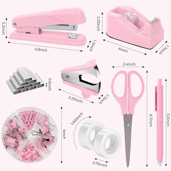 SKYDUE Pink Office Desk Accessories, Tape Dispenser, Clips and 1000pcs Staples - Image 6