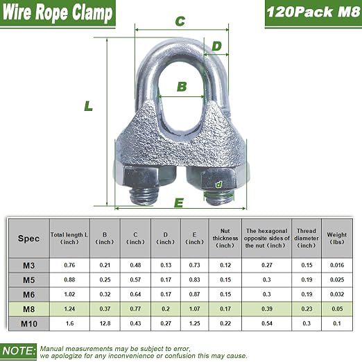 120PCS 5/16" M8 Zinc-Plated Wire Rope Clamps – Heavy Duty U-Bolt Cable Clips - Image 2