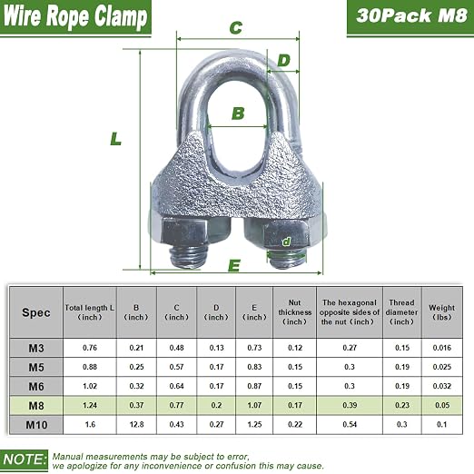 30PCS 5/16" M8 Zinc-Plated Wire Rope Clamps – Heavy Duty U-Bolt Cable Clips - Image 2