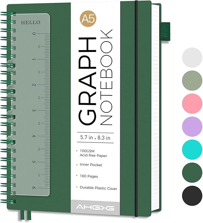 AHGXG Graph Paper Notebook - Spiral Notebook Journal 160 Pages, A5 Graph Notebook 5.7" x 8.3", 100 gsm Thick Grid Paper, Waterproof Plastic Cover, for School Writing Engineering Math, Green-DeskLoop Office