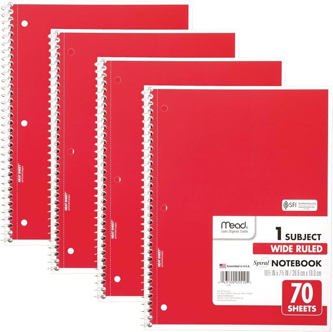Mead Spiral Notebooks, 4 Pack, Wide Ruled Paper, 10-1/2" x 7-1/2", 70 Sheets by Mead