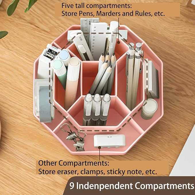Pencil Pen Holder for Desk, 9 Slots 360 Degree Rotating Desk Organizer, Cute Pen Organizers Stationery Supplies for Office Home & Art Supply (Pink)-DeskLoop Office