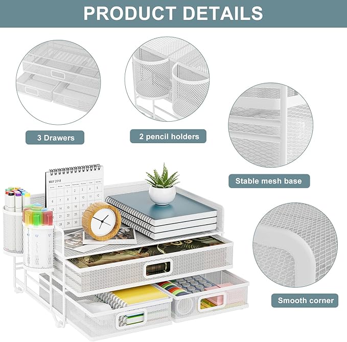 Marbrasse 3 Tier Mesh Desk Organizer with Drawer, Multi-Functional Desk Organizers and Accessories, Paper Letter Organizer with 2 Pen Holder for Home Office Supplies - White-DeskLoop Office