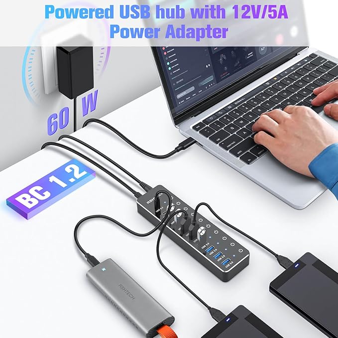 Powered USB Hub, RSHTECH 10-Port USB 3.2/USB C Hub 60W with 10Gbps USB-A 3.2, 2 USB-C 3.2, 7 USB 3.0 Ports, Individual Touch Switches and 3.3ft Cable, Hybrid USB Splitter for Laptop/PC, RSH-ST10C-DeskLoop Office
