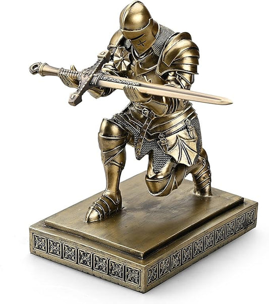 Medieval Armored Warrior Knight Pen Holder Desk Organizers and Accessories Resin Pencil Holder Paperweight as Gift with a Cool Letter Opener for Desk (Bronze)-DeskLoop Office