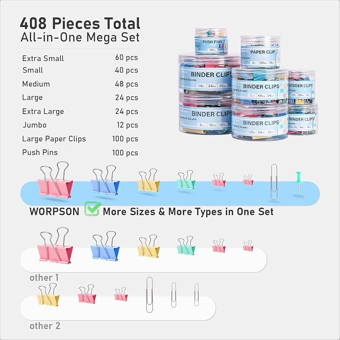 WORPSON 408 PCS Binder Clips Paper Clamps Assorted Sizes and Push Pins - Image 4