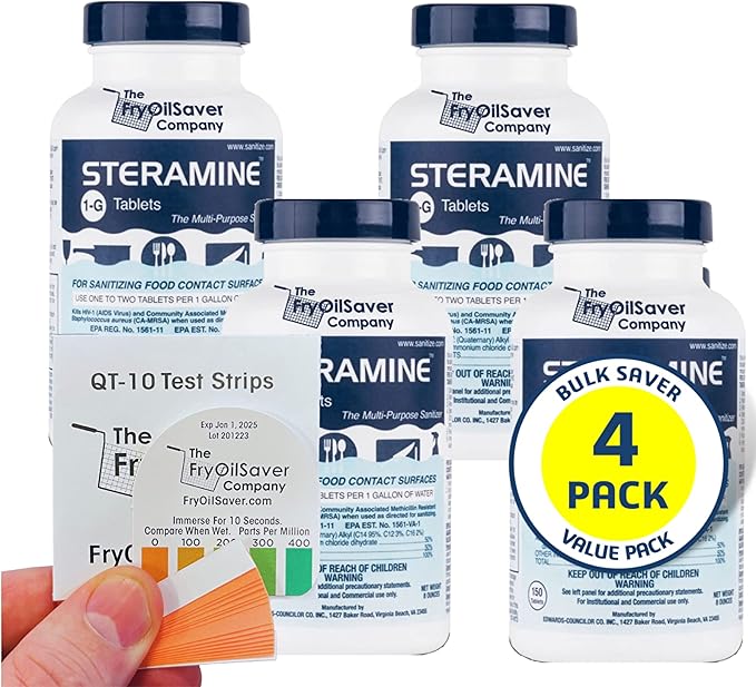 4x Steramine Sanitizer Tablet Bottle by FryOilSaver Co., 4-Pack(600 Tablets) Multi Purpose Sanitizing Tablets for Food Contact Surface, Kitchen, Restaurant Cleaning w/ 15x Test Kit of QT-10 Test Strip-DeskLoop Office