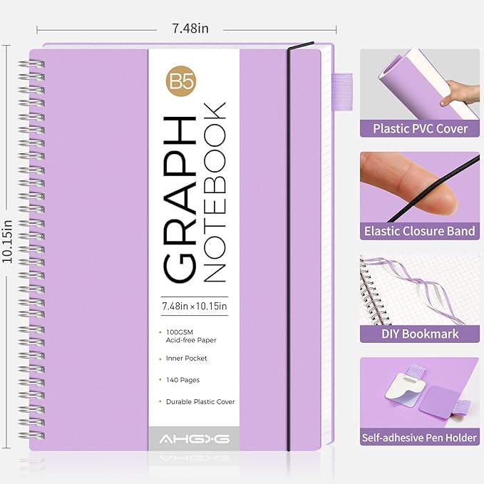 AHGXG Graph Paper Notebook - Spiral Notebook Journal 7.6" x 10", B5 Large Graph Notebook, 140 Pages, 100 gsm Thick Grid Paper, Waterproof Plastic Cover, for School Writing Engineering, Purple-DeskLoop Office