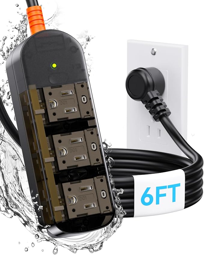 IPX6 Outdoor Power Strip Weatherproof, Surge Protector with 6FT Extension Cord 3 Outlets, Waterproof Power Strip 1875W Overload Protection for Kitchen Patio Christmas Lights, Clear Black-DeskLoop Office