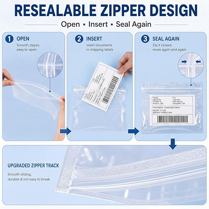 Glenmal 250 Pcs 7" x 5.5" Resealable Packing List Envelopes Clear Self-adhesive - Image 3