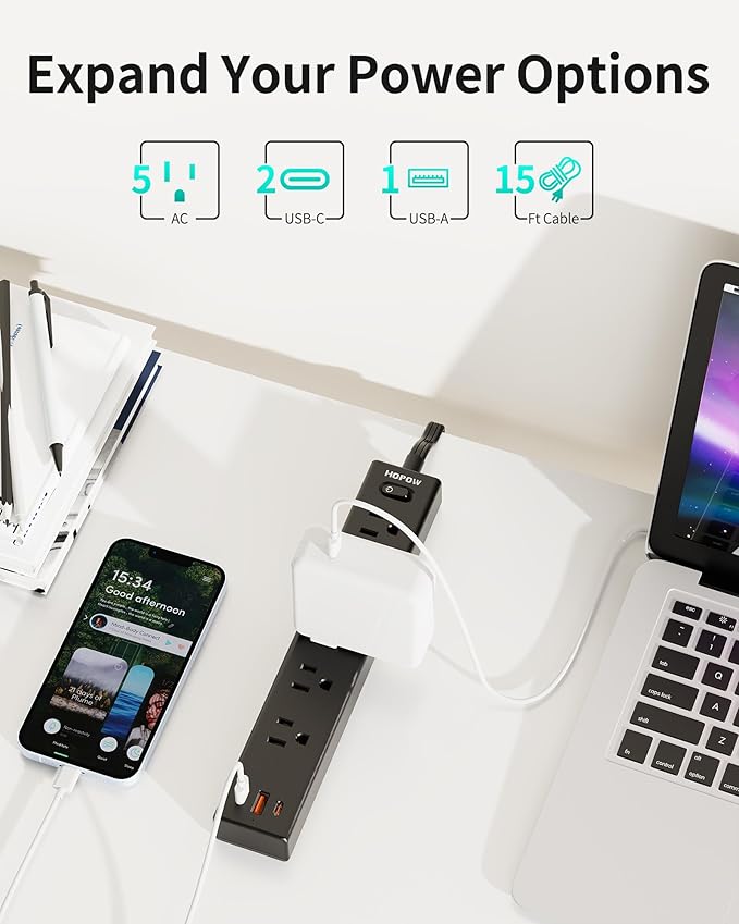 Flat Plug Power Strip, 15FT Ultra Thin Flat Extension Cord, Surge Protector with 5 Outlets & 3 USB Ports (2 USB C), 1700 Joules, 3-Prong, Wall Mount for Home Office Dorm, Black-DeskLoop Office