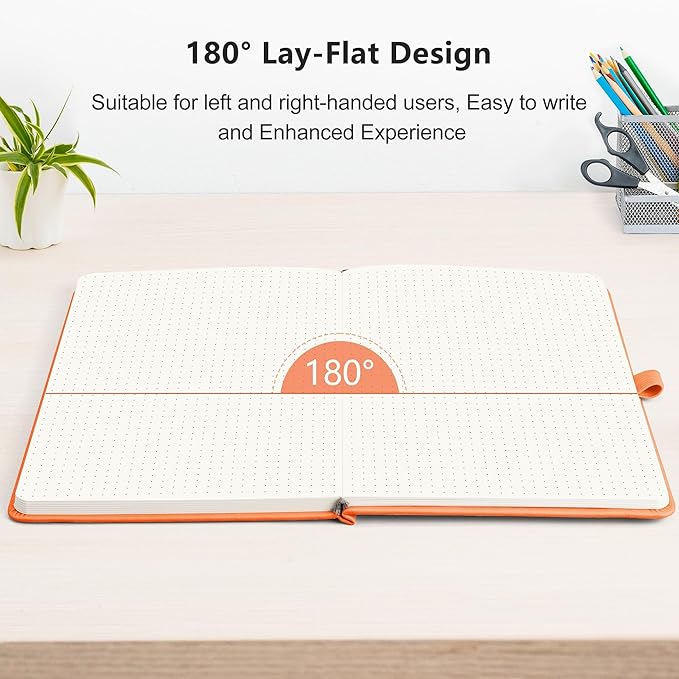 RETTACY Bullet Dotted Journal Notebook, 192 Pages, A5 Medium Size (5.7'' x 8.3''), Leather Hardcover, 100 GSM Thick Paper, for Bullet Journaling, Planning, Tracking (Orange)-DeskLoop Office