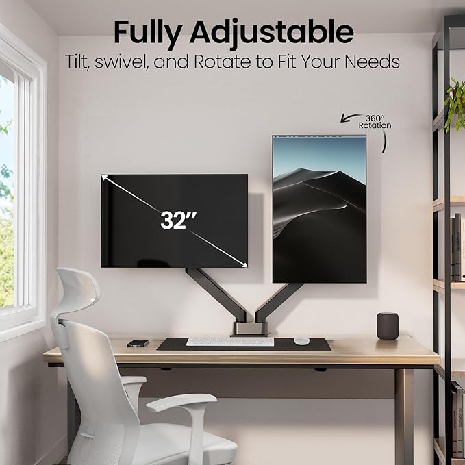 EVEO Premium Dual Monitor Mount 14"-32” Dual Monitor Arm VESA Bracket Adjustable Height Gas Spring Dual Monitor Stand, Screen Full Motion Dual Monitor Arm-Computer Monitor Stand for 2 Screens - Black-DeskLoop Office