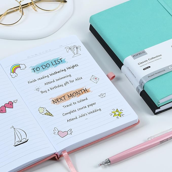 POPRUN A5 Lined Journal Notebooks, Leather Hardcover Thick Notebook for Writing, Business Work, Travel, School, College, Christmas, 5.5 x 8.3 inch, 240 Pages Classic Ruled Journals Notepad, Black-DeskLoop Office