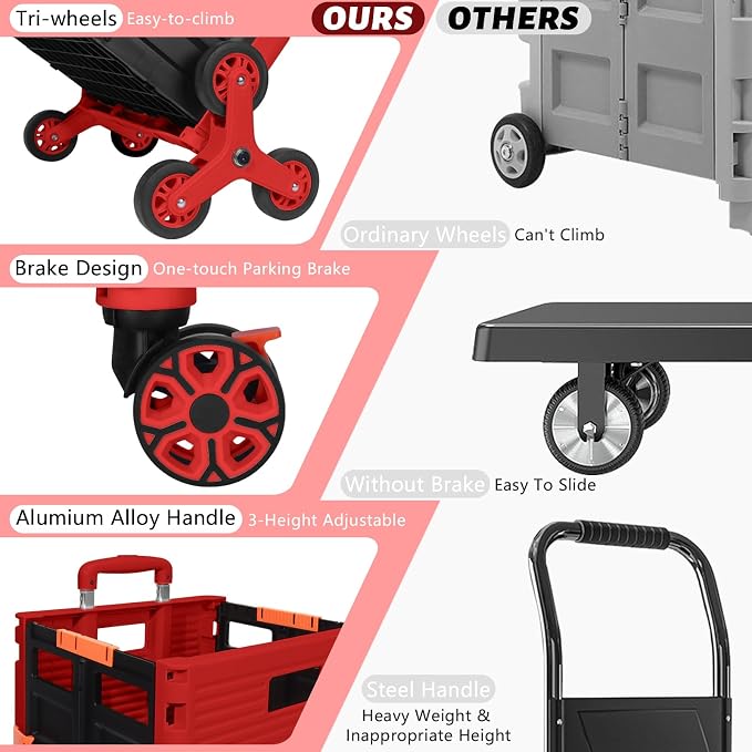 FELICON SELORSS Folding Utility Climber Cart Portable Rolling Crate-Red | Stair - Image 7