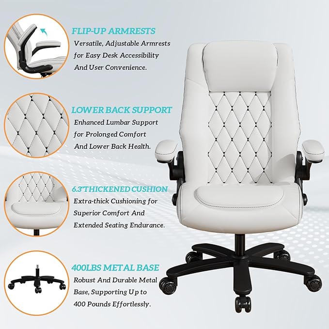 GYI O205P High Back Executive Office Chair, Big and Tall Office Chair 400LBS with Rubber Wheels,Ergonomic Adjustable Computer Desk Chairs with Padded Flip-up Armrests,Lumbar Support (White)-DeskLoop Office
