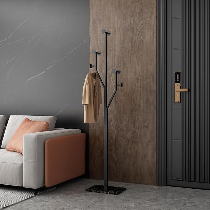 Freestanding Coat Rack Tree-shaped Metal Coat Tree with Heavy Duty Marble Base Corner Clothing Rack for Bedroom Entryway Hallway 14.96 x 10.24 x 68.9 Inches (Black)-DeskLoop Office