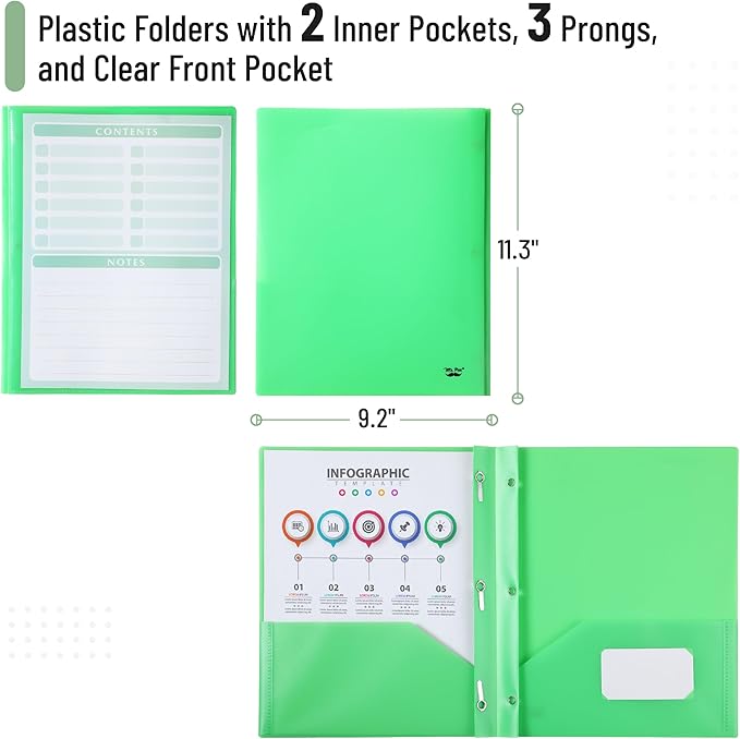 Mr. Pen- Plastic Folders with Pockets and Prongs, 24 Pack, Letter Size | Green - Image 3