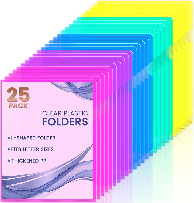 Sooez 25 Pack Clear Document Folder Project Pockets, 5 Assorted Colors by Sooez
