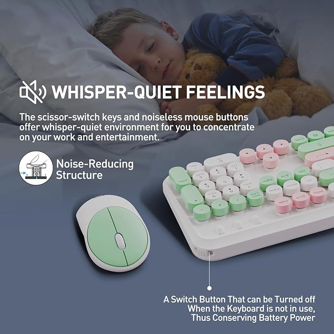Keyboard and Mouse Wireless,2.4Ghz Retro Typewriter Style Round Keycap,Full Size Wireless Keyboard Mouse Combo,Cute Cordless Keyboard Mouse Set for PC Laptop Desktop Computer-Milk White Green Colorful-DeskLoop Office