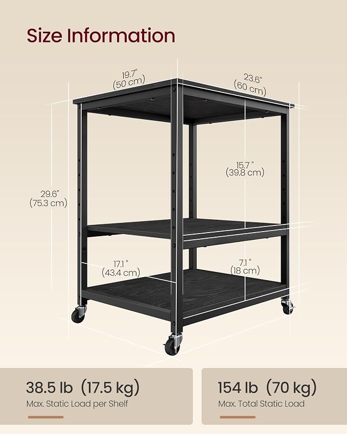 VASAGLE Printer Stand with Locking Wheels, Industrial Mobile Cart, Under Desk - Image 3