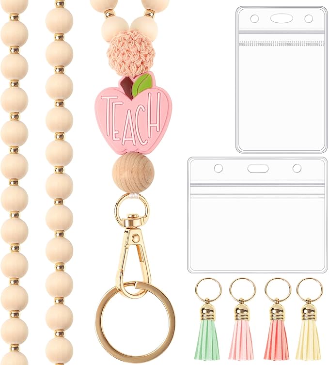 Teacher Gifts Lanyard with ID Holder Cute Wooden Beaded Lanyards by BESARME