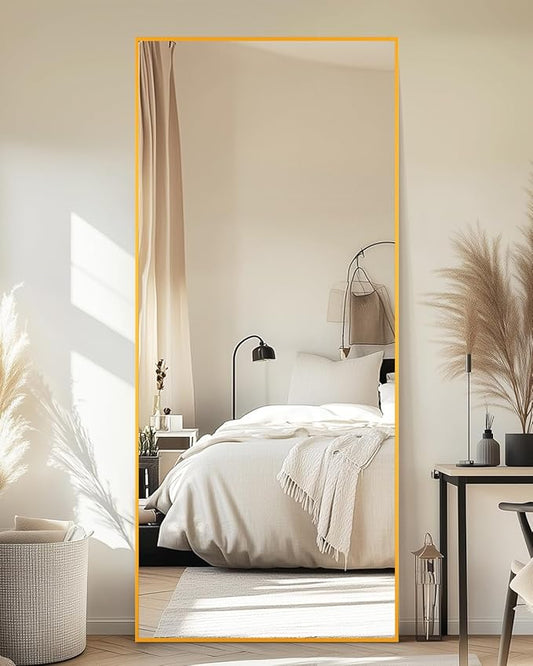 Full-Length Floor Mirror with Stand, 59"x16" Rectangle Style Full Body Standing Mirror for Bedroom, Living Room, Gym, Dorm - Shatter-Resistant & Easy Assembly, Gold-DeskLoop Office