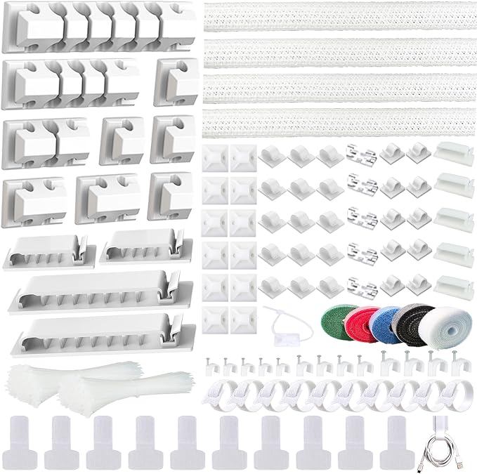 ELII 327PCS White Cable Management Kit 4 Cable Cable Sleeves 65 Cable Clips | by OfficeArtCraftsProducts