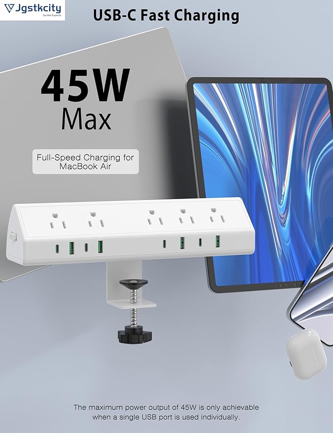 Jgstkcity Desk Clamp Power Strip,45W Fast Charging Station,4 USB-C,4 USB-A,Desk Mount Surge Protector,1875W Extension Cord with Multiple Outlets,ETL Listed,for Home Office Dorm Room,White,6 FT-DeskLoop Office