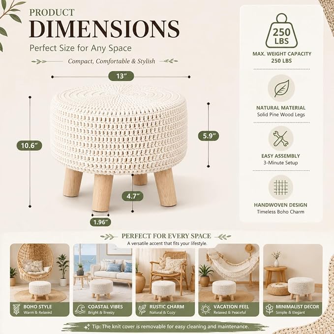 Wimarsbon Pouf Ottoman, 100% Cotton Knitted Boho Footstool, Round Footrest - Image 3