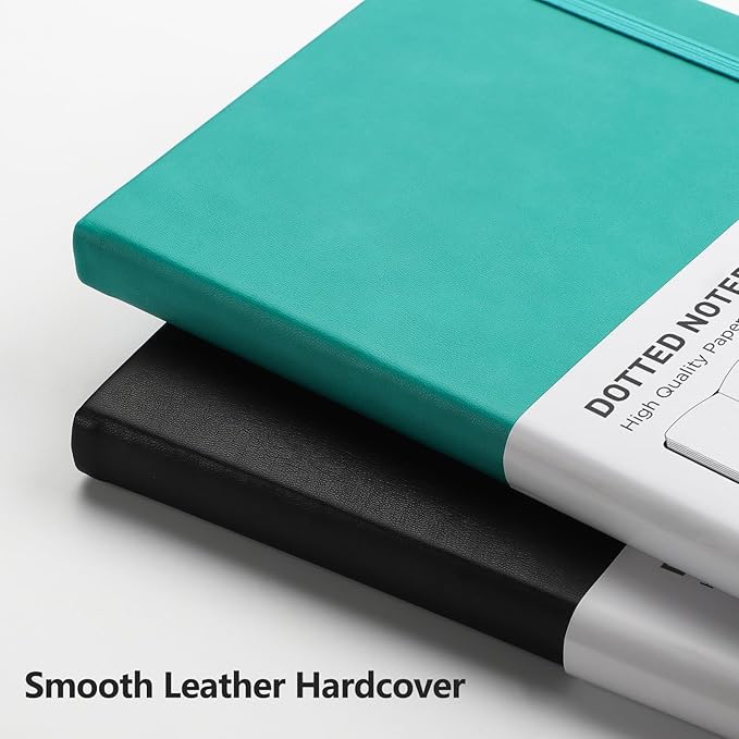 RETTACY Bullet Dotted Journal Notebook, 2-Pack, 160 Numbered Pages per Pack, A5 Medium Size (5.7'' x 8.3''), 120 GSM Thick Paper, Leather Hardcover, for Bullet Journaling (Black & Cyan)-DeskLoop Office