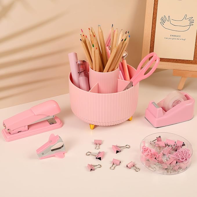SKYDUE Pink Desk Accessories 10Pcs, Rotating Pen Holder - Image 2