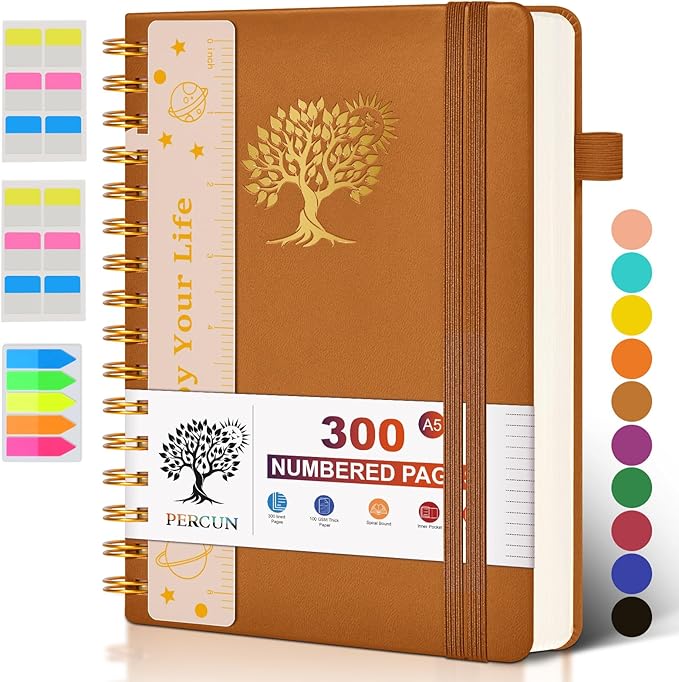 Spiral Notebook Journal for Women Men, 300 Numbered Lined Pages, College Ruled, A5 Hardcover Spiral Bound Notebook for School, Work, Note Taking Writing, Leather Spiral Journal Medium 5.9"x8.5"-DeskLoop Office