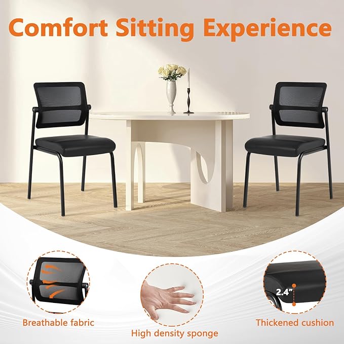 CLATINA Stackable Waiting Room Chair with Adjustable Mesh Backrest, Armless Office Guest Reception Chairs with Leather Cushion and Ergonomic Lumbar Support for Conference Lobby Side School, Black-DeskLoop Office