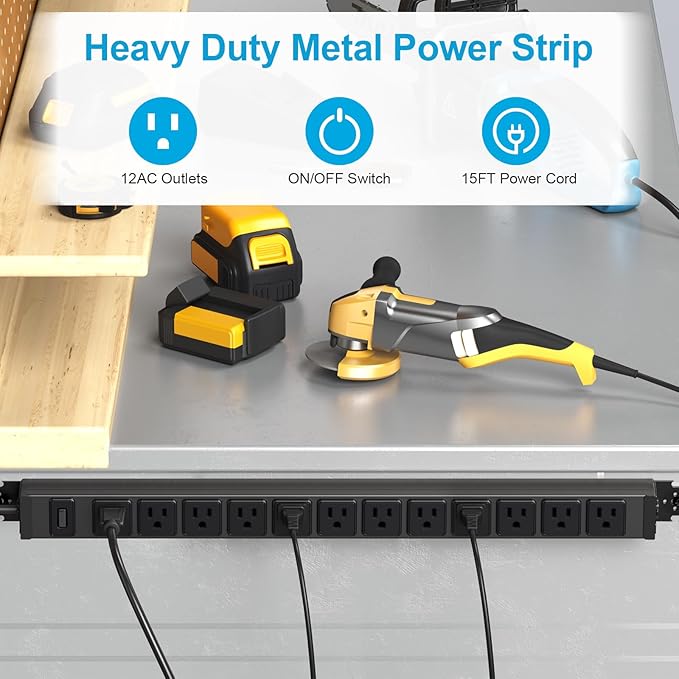 HHSOET 360° Rotating 12 Outlet Mountable Power Strip, Metal Gaming Table Mounted Outlet Strip, Heavy Duty Wall Mount Surge Protector with Switch, Works Great and Very Versatile, 15ft Power Cord.Black-DeskLoop Office