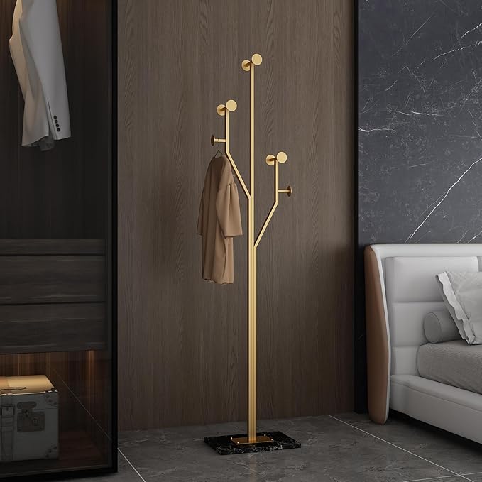 Heavy Duty Coat Rack Tree-shaped Metal Freestanding Coat Tree with Sturdy Marble Base Corner Coat Rack for Bedroom Entryway Hallway 14.96 x 10.24 x 68.9 Inches (Gold)-DeskLoop Office