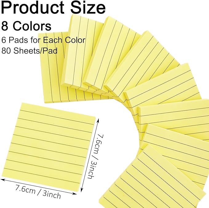 48 Pack 3840 Sheets Lined Sticky Notes 3X3 in Ruled Self Sticky Note Pads 80 Sheets/pad Colorful Sticky Notes with Lines Post Notes for Office, Home, School, Meeting-DeskLoop Office