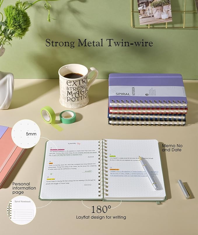 Dotted Spiral Journal Notebook, A5 Hardcover Spiral Journals for Women Men, 100 GSM Dot Grid Paper Notebooks, 150 Pages Spiral Bullet Dotted Notebook for Writing Note Taking 5.75" x 8.38", Sage Green-DeskLoop Office